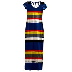 Derek Heart multi colored striped short sleeve maxi dress crossed string back